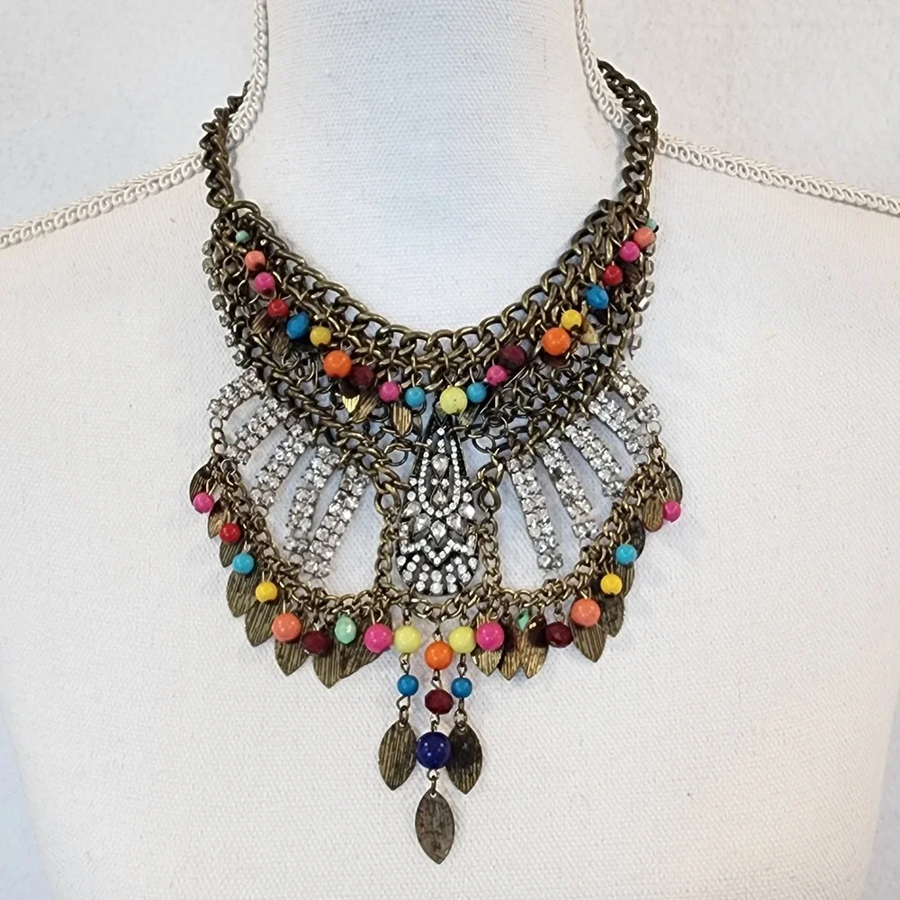 Bohemian Antique Brass‎ Statement Bib Necklace Rhinestone Multicolor Bead Leaf